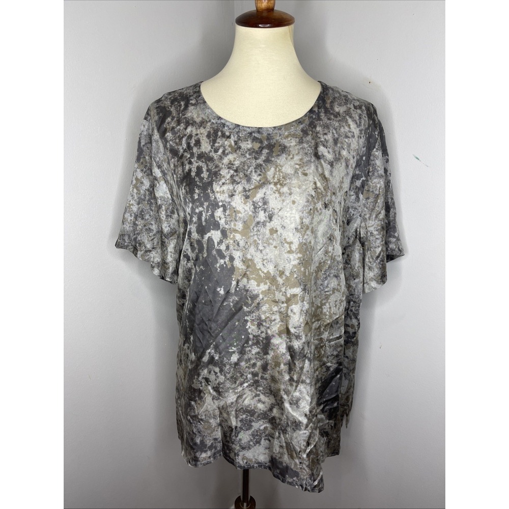 New Plus Eileen Fisher Mocha Brown Tidewater Print Silk Top Blouse 3X